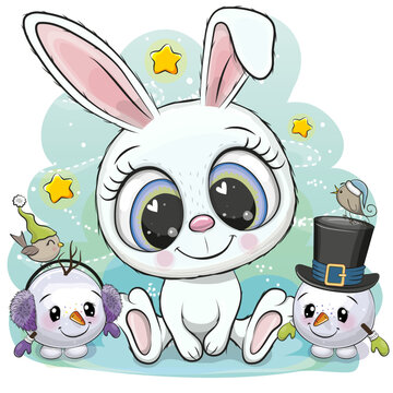 Сartoon bunny with two snowmen