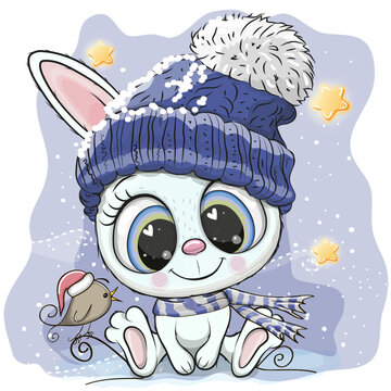 Сartoon bunny in a knitted hat