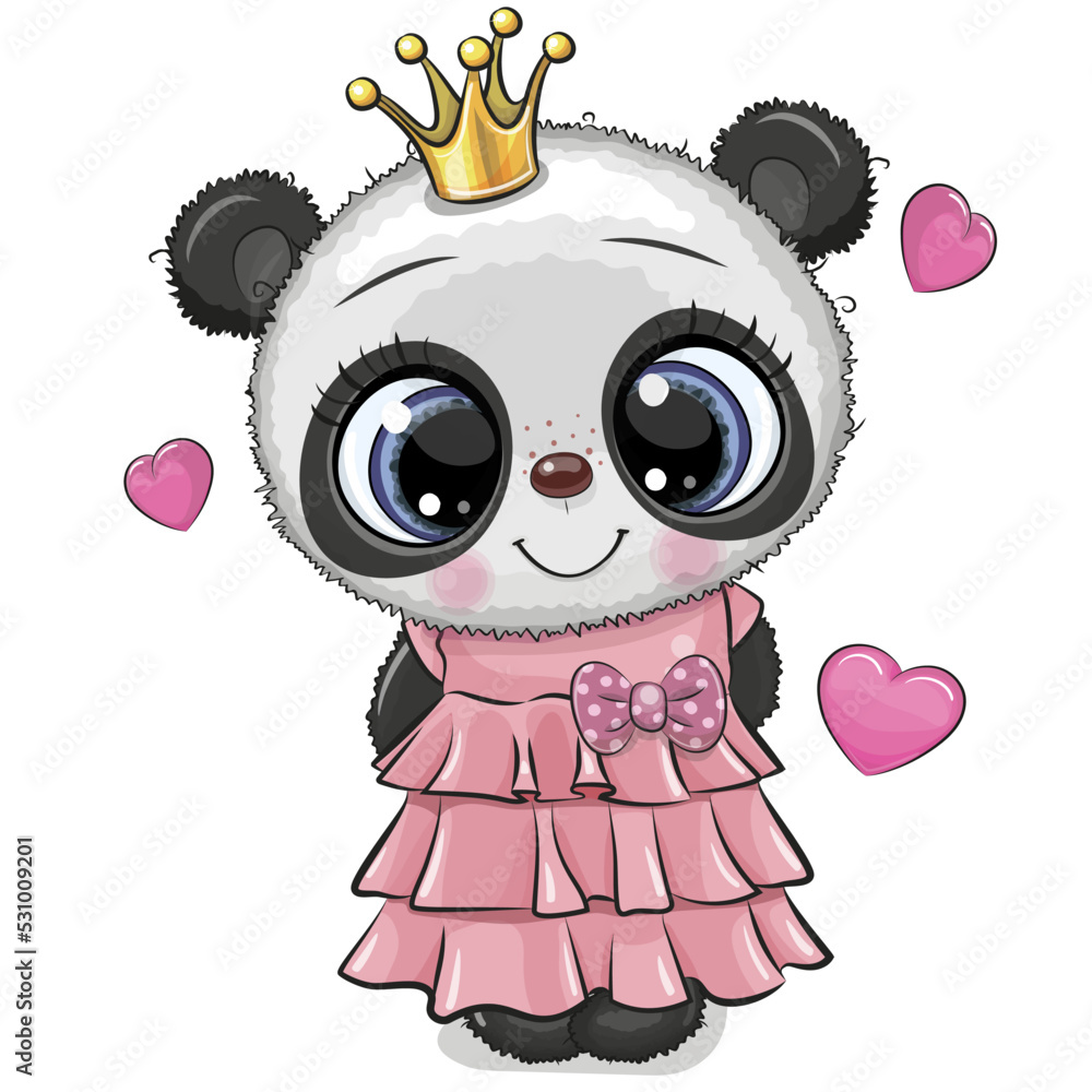 Sticker cartoon panda princess in a pink dress with hearts