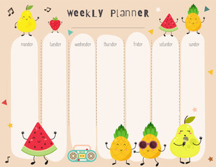 Childish Weekly Planner with Music Fruits. Fruit Kids schedule design template in cartoon style. Vector illustration