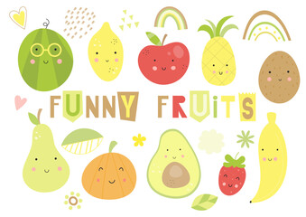 Funny Fruits Isolated Set. Coconut, strawberry, pear, pineapple, watermelon, avocado, banana, lemon, pumpkin. Smiling face. Vector illustration