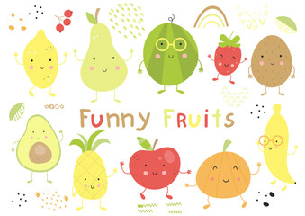 Funny Fruits and Design Elements Isolated Set. Coconut, strawberry, pear, pineapple, watermelon, avocado, banana, lemon, pumpkin. Smiling face. Vector illustration