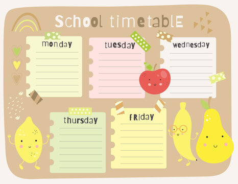 Funny Fruits School Timetable, Lesson Schedule template. Vector illustration. Week Chart with apple, banana, pear, lemon