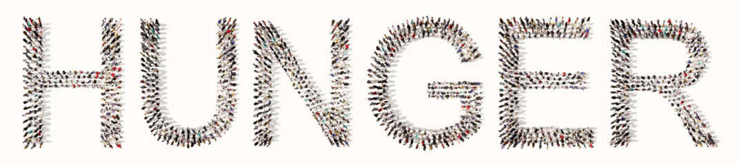 Concept conceptual large community of people forming the word HUNGER.  3d illustration metaphor for  shortage in cereal supply, drought,  rising fod cost, social impact, recession and poverty