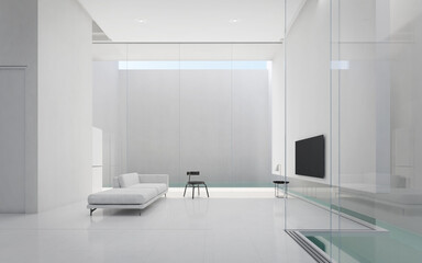 Naklejka na ściany i meble Minimal interior living room.Black and white furniture in white room.3d rendering