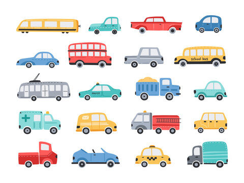 Funny cars. Colourful public transport, cute town vehicle for kids. City and school bus, taxi car and simple cab truck cartoon vector illustration set