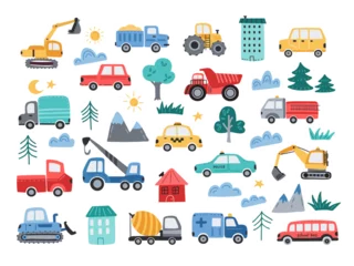 Zelfklevend Fotobehang Cute cars. Construction vehicles and city transport. Hand drawn simple tractor, minimal excavator and funny lifting crane cartoon vector illustration set © WinWin