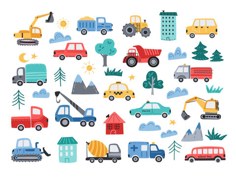 Cute cars. Construction vehicles and city transport. Hand drawn simple tractor, minimal excavator and funny lifting crane cartoon vector illustration set