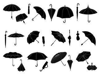 Stencil umbrellas. Folded parasol, open umbrella for rainy weather or sunshade. Different shape accessories black silhouette vector icon set © WinWin