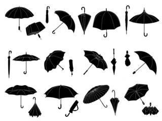 Fotobehang Stencil umbrellas. Folded parasol, open umbrella for rainy weather or sunshade. Different shape accessories black silhouette vector icon set © WinWin