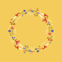 Cute autumn botanical template with amanita mushrooms, leaves and blueberries on yellow background. Circle frame with hand drawn forest elements and place for a text