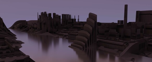 Abandoned futuristic city with river background. An empty techno metropolis with 3d render of water channel flowing through center at purple sunset. Abandoned colony on planet after apocalypse