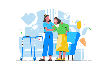 Medical care for elderly male character, healthcare help