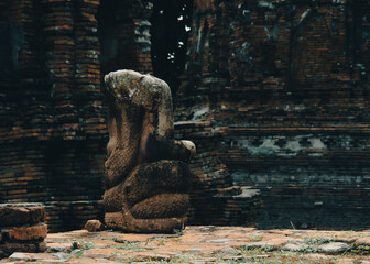 Ruins of Seated Buddha figure and a part of Naga at Ayutthaya Historical park, Thailand. All...