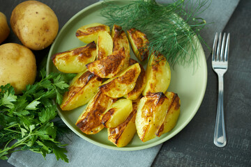 Cooked potatoes on a green flat plate with dill and parsley. The concept is potato dishes. 
