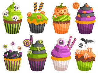 Halloween cupcakes. Spooky decorated muffins, themed small cakes for 31 October and scary dessert food cartoon vector illustration set