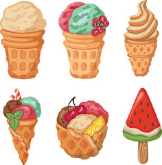 bright juicy ice cream set, sorbet symbol, ice cream vector illustration