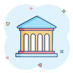 Bank building icon in comic style. Government architecture vector cartoon illustration pictogram. Museum exterior business concept splash effect.