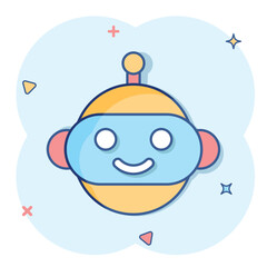 Cute robot chatbot icon in comic style. Bot operator vector cartoon illustration pictogram. Smart chatbot character business concept splash effect.