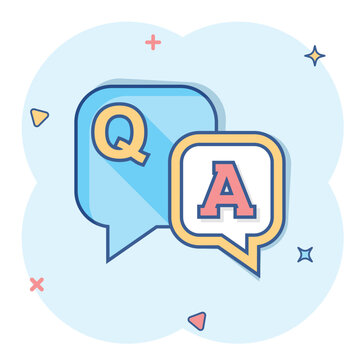 Question and answer icon in comic style. Discussion speech bubble vector cartoon illustration pictogram. Question, answer business concept splash effect.