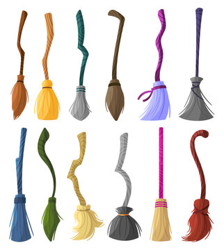 Witch brooms. Magic halloween broomstick, wizard broom and old wooden clean tool for housework cartoon vector set