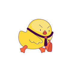 a cute little chicken in the role of a man. new trends in depicting people's lives through simple and funny forms. The chick is dissatisfied with going to work