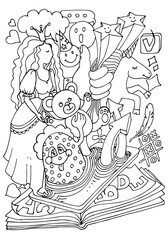 Coloring page for kids. Picture with phone and book. Communication and social network. Hand drawn vector illustration. Education task.