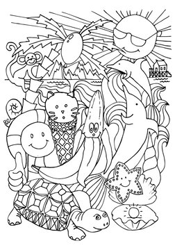 Coloring page for kids. Summer beach illustration. Sea. Hand drawn vector illustration. Coloring book. Worksheet.