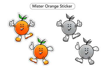 Mister Orange Sticker. Orange Mascot Vector. Orange Fruit colorful Clip art. Black and white Mascot.
