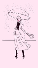 Fashionable slim stylish beautiful woman with umbrella under rain, minimalis liner and brush fashion illustration, graphic design, autumn motif, fall street fashion