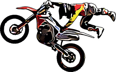 Color vector image of motorcyclist performing an extreme jump trick