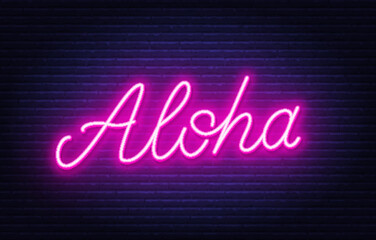 Fototapeta na wymiar Aloha neon sign on brick wall background.