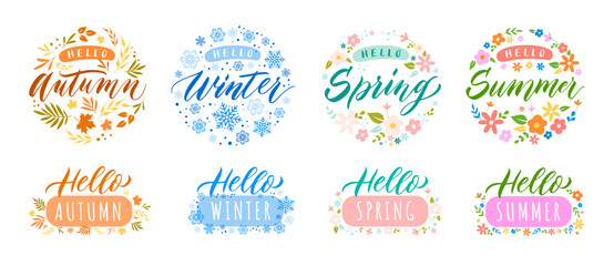 Hello season lettering badge. Autumn, Winter, Spring and Summer seasons celebrating typography badge vector Illustration set - obrazy, fototapety, plakaty