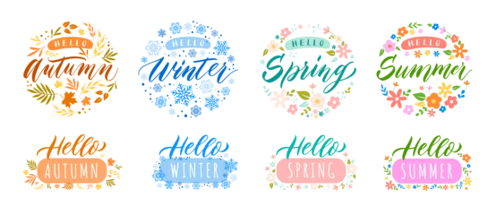 Foto op Plexiglas Hello season lettering badge. Autumn, Winter, Spring and Summer seasons celebrating typography badge vector Illustration set © WinWin
