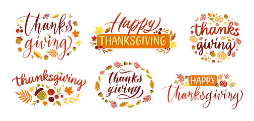 Thanksgiving day lettering. Happy thanks giving card typography, autumn holiday celebrating banner with orange leaf vector set