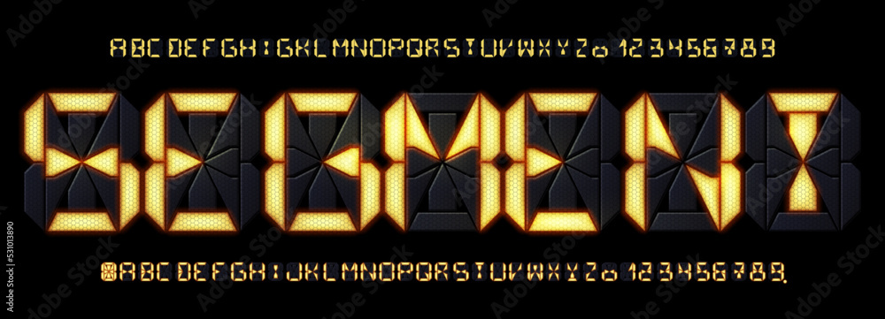 Poster segmented display font. digital calculator lcd screen letters and countdown numbers, futuristic tech
