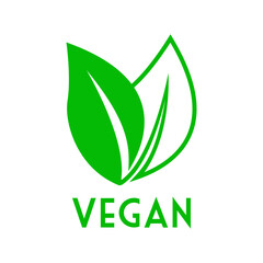 Concepto dieta vegana verde. Logo con texto Vegan Restaurant con silueta de hojas de planta rellena y lineal
