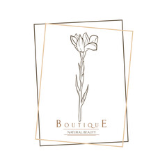 Hand drawn minimal logo of blooming flowers and leaves in line art. Bohemian floral vector illustration. Decorative botanique monogram composition for greeting card, wedding invitation