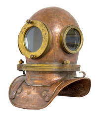 Old antique metal scuba helmet with clipping path isolated on white background. Copper old vintage...