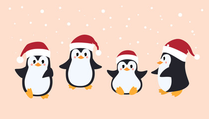 Set Penguins in Santa Claus red christmas hat. Winter background. New Year vector illustration.