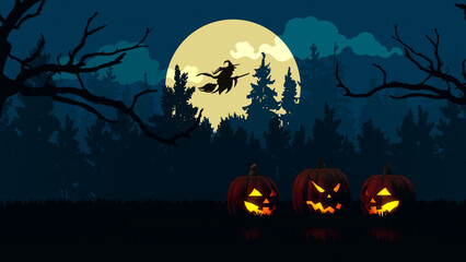 Fototapeta premium Halloween themed background with pumpkins and flying witch 