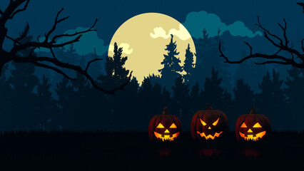 Fototapeta premium Halloween themed background with pumpkins and flying witch 
