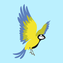 titmouse in flight on a blue background