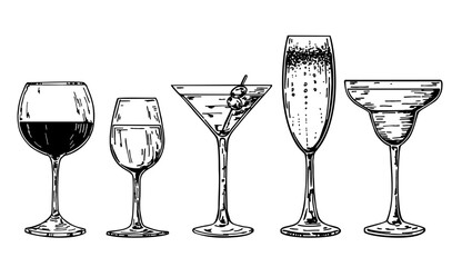 Set of glass goblets in ink hand drawing. isolated on white. Glasses with white and red wine on the white background. Vector illustration