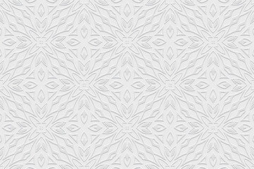 Fototapeta premium Embossed white background, ethnic trendy floral cover design. Geometric 3D pattern, press paper, boho style. Tribal ornamental themes of the East, Asia, India, Mexico, Aztecs, Peru.