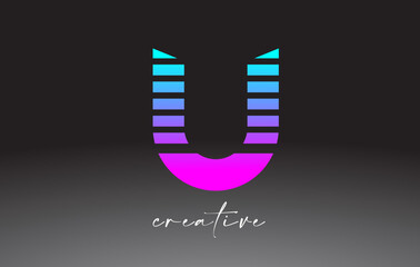 Purple Blue Neon Lines Letter U Logo Design with Creative Lines Cut on half of The Letter
