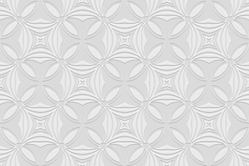 Embossed white background, ethnic creative cover design. Geometric 3D pattern, press paper, boho style. Tribal ornamental themes of the East, Asia, India, Mexico, Aztecs, Peru.