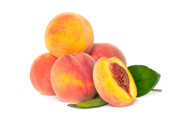 Peach fruit with leaf isolated on white background, Fresh Peach on White Background