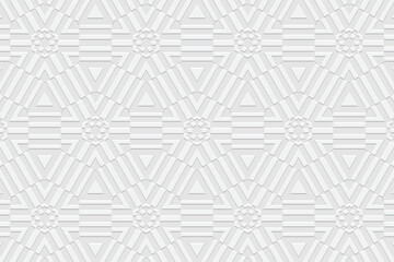Embossed white background, ethnic modern cover design. Geometric 3D pattern, press paper, boho style. Tribal ornamental themes of the East, Asia, India, Mexico, Aztecs, Peru.