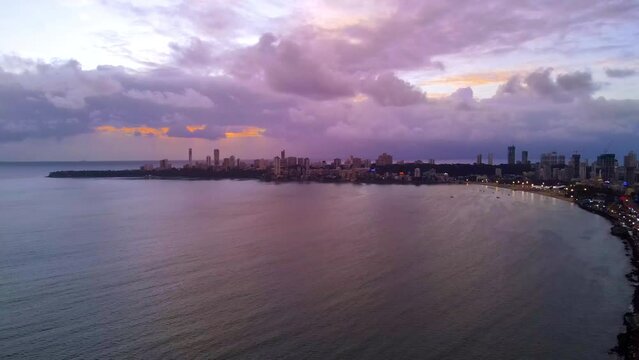 Drone shot of a Beautiful Evening Sunset at Marine Drive, Mumbai